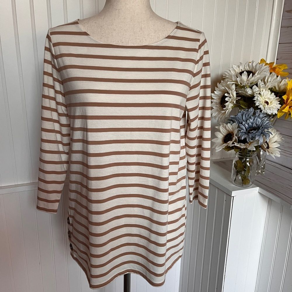 Cream & Taupe Boat Neck boat 3/4 Sleeves Top-St John's Bay